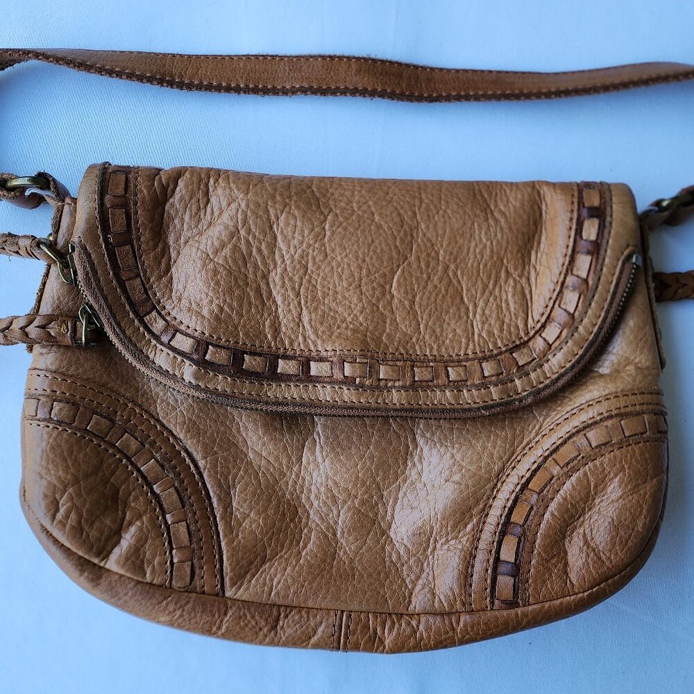 Vintage Lucky Brand Tan/Brown Leather Crossbody Hobo Bag Foldover Purse Handbag